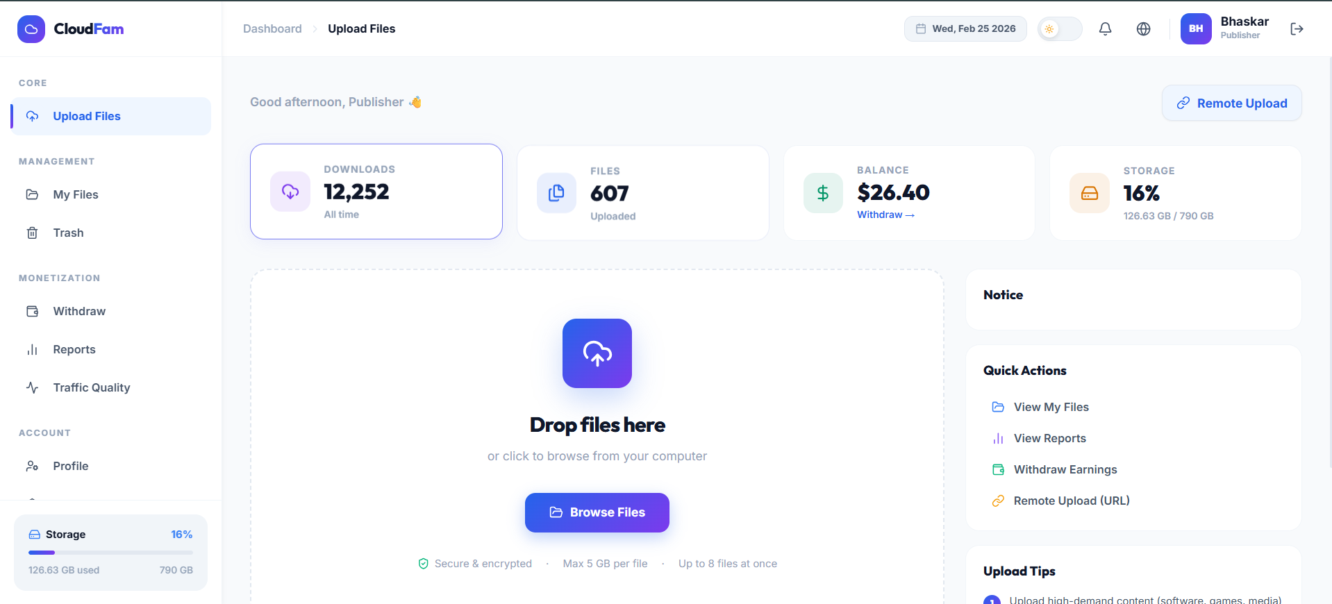 CloudFam publisher dashboard showing earnings, downloads and file management